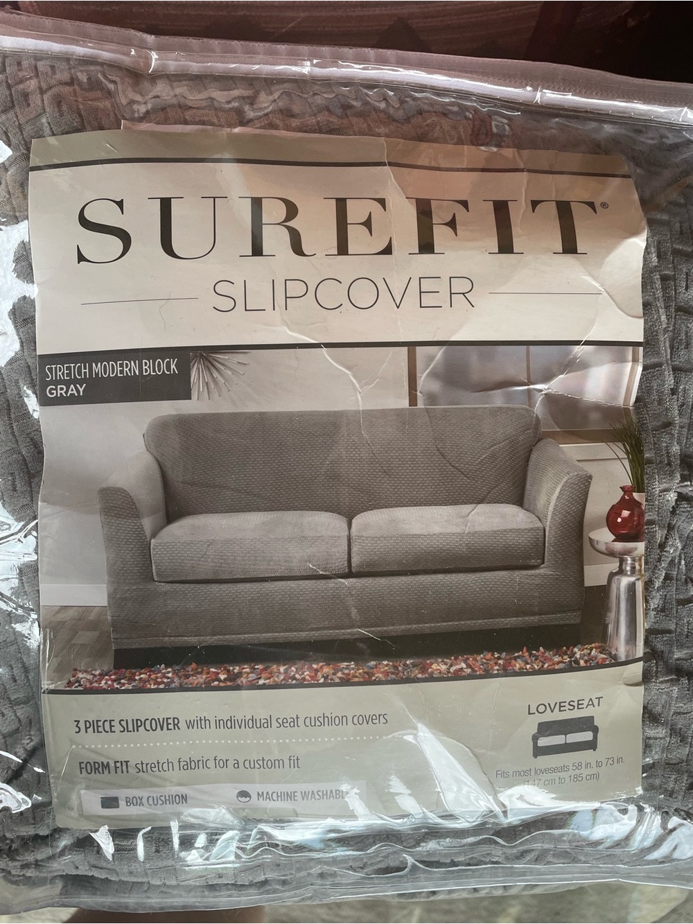 SureFit Gray Stretch Modern Block 3 Piece Loveseat Slipcover Like New
